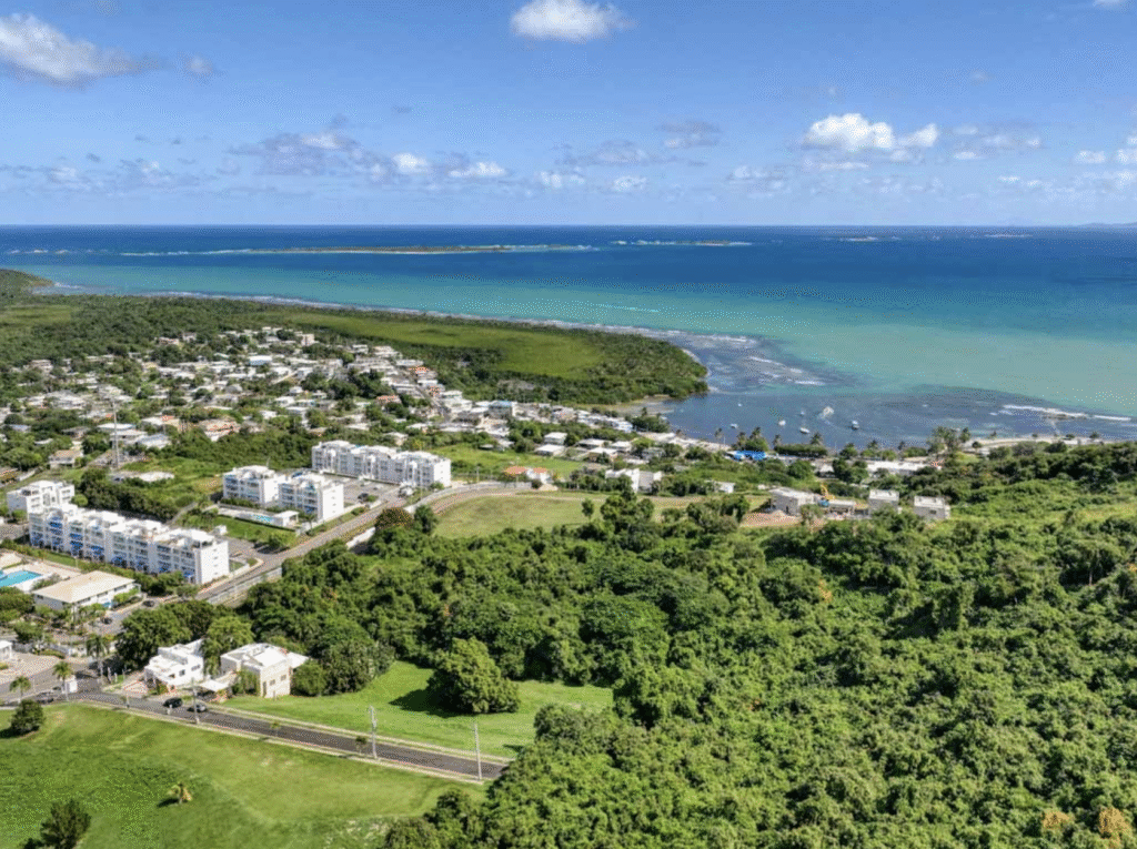An aerial view shows a coastal town nestled among lush green vegetation, with homes scattered along the winding shoreline. The scenery is perfect for a boating date, as the curving coast meets the deep blue ocean under a partly cloudy sky. 