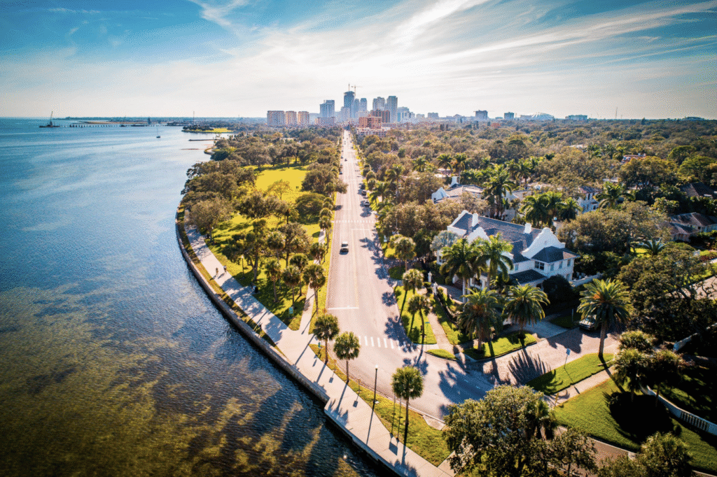 An aerial view of the waterfront in St. Petersburg, FL, with a palm-tree-lined avenue in the foreground and some high-rise visible in the distance on a sunny day.
