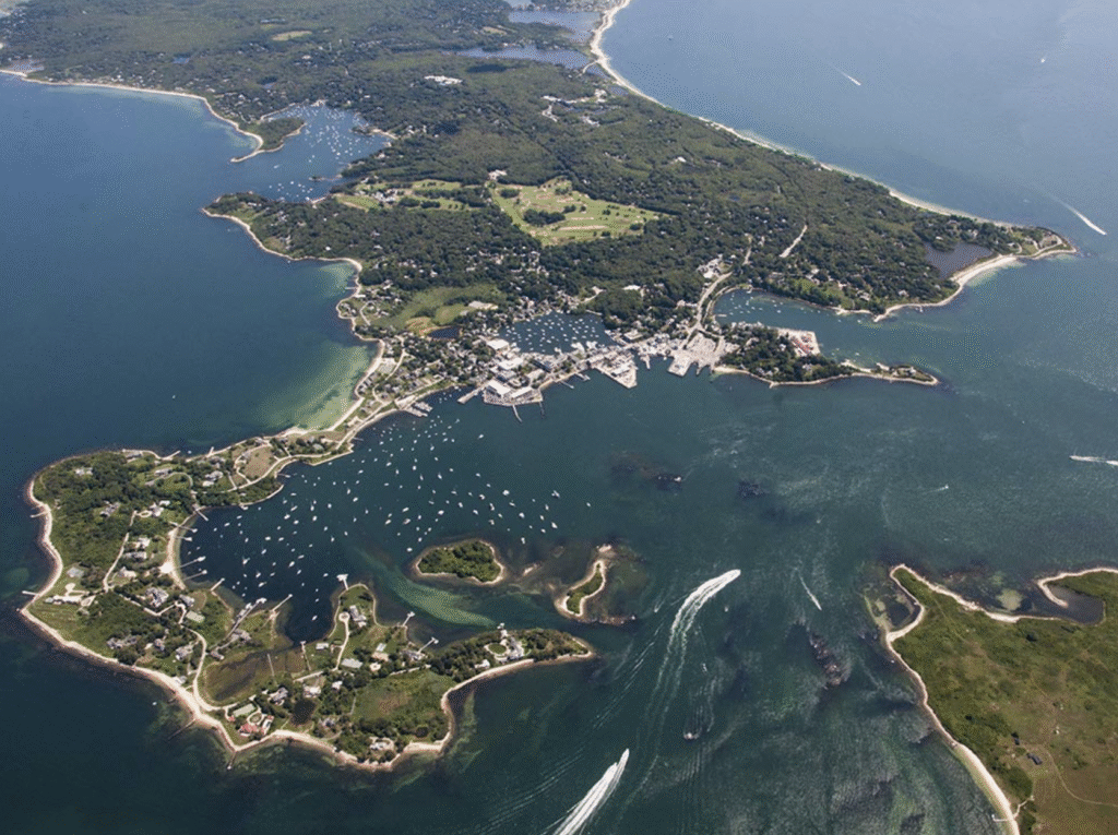 An aerial view of Cape Cod on a sunny day.