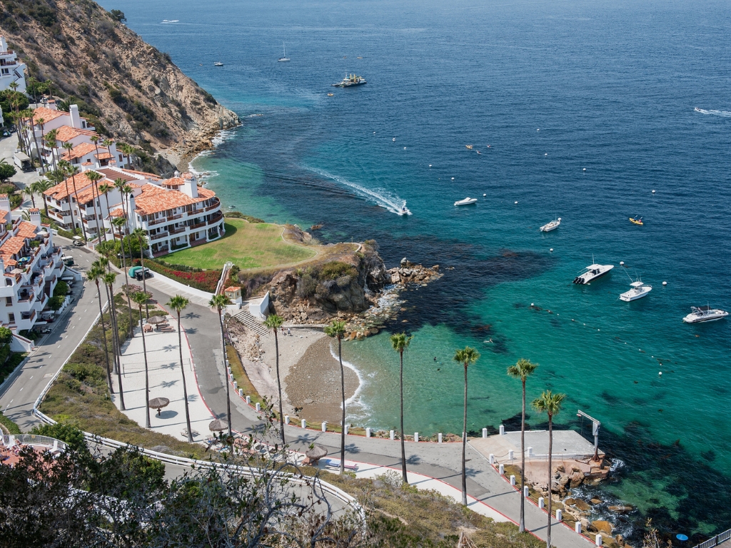 An aerial view of Santa Catalina Island's rugged coastline with turquoise coves, hillside homes, palm trees, and small boats cruising offshore.