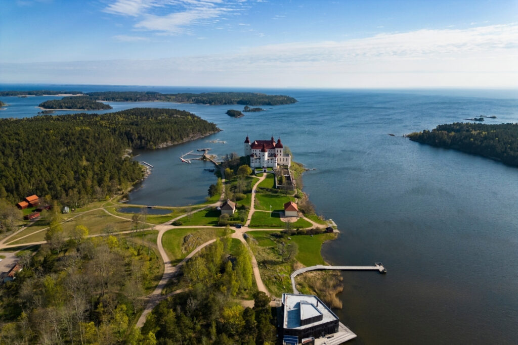 An aerial view of a coastal castle by a boating lake, with forested islands, winding roads, and docks stretching into the water. No visible fish or species are present.