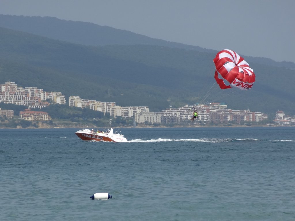 A boat's towing a parasailor with a red and white parachute over the blue sea. Buildings and hills are in the background. No visible fish like Tuna or Salmon appear in this scene.