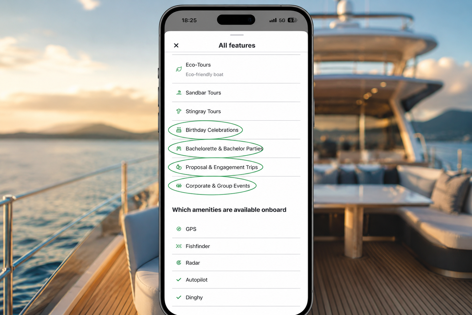 A smartphone's showing a boat event booking app listing options like birthday celebrations and corporate events, with a yacht and water in the background.