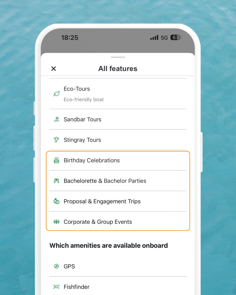 A smartphone screen shows a list of tour features—Birthday Celebrations, Bachelor(ette) Parties, Proposal Trips, and Corporate Events—against a blue water background.