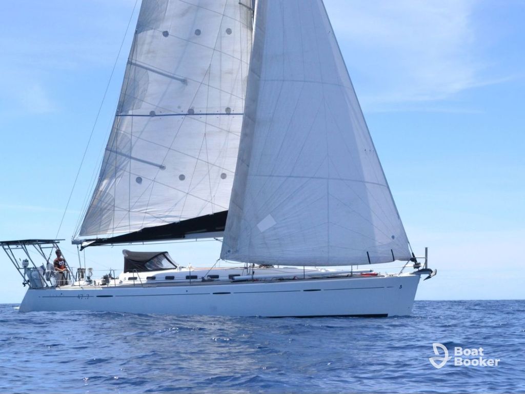 A white sailing yacht with its sails up glides across calm blue water under a clear sky; there's one person at the rear of the boat.