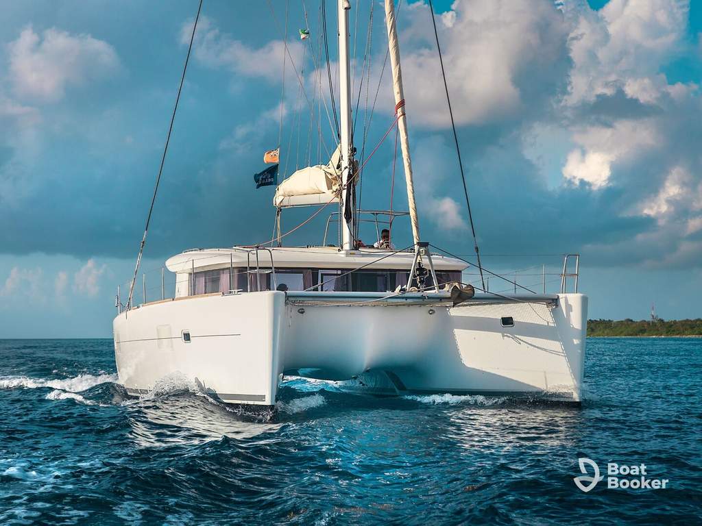 A white catamaran's sailing on open water near a coastline under a partly cloudy sky. No visible fish such as Tuna or Salmon can be seen in the scene.