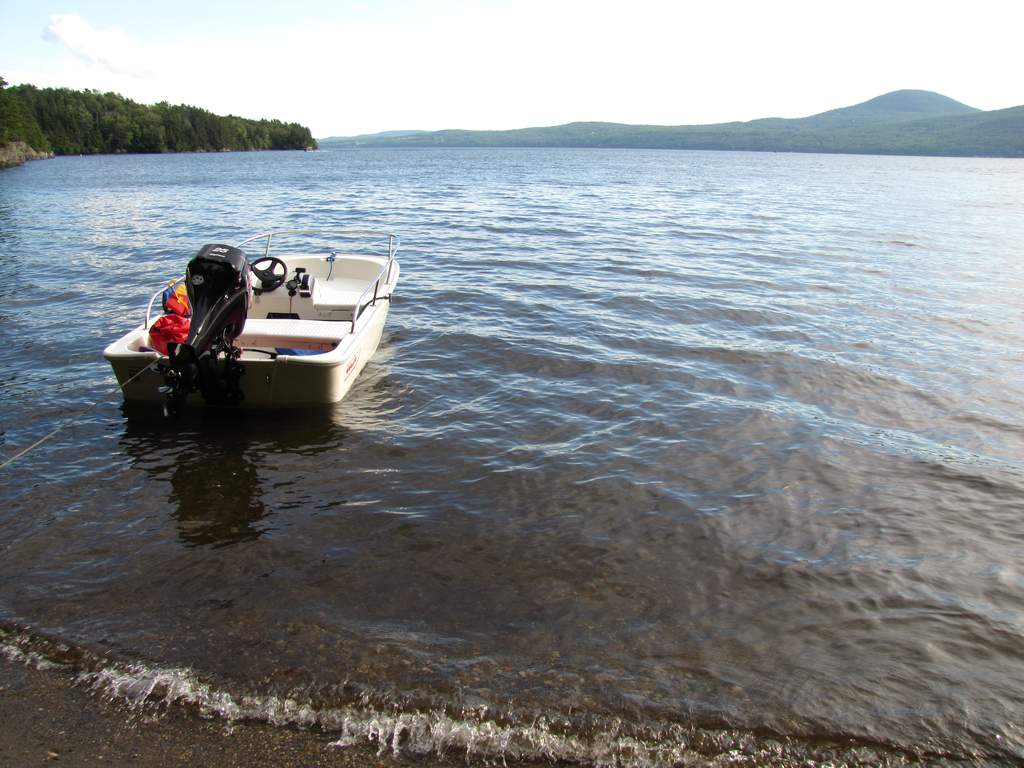 Boston Whaler center console boat with open deck layout on a lake