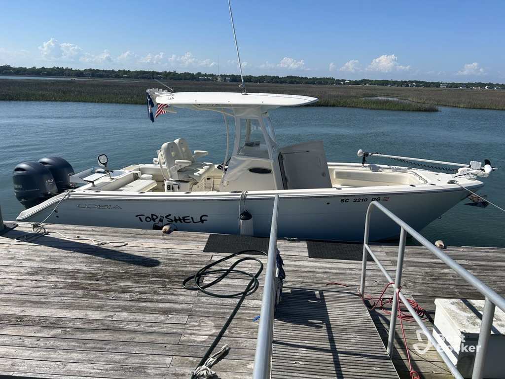 Center console fishing charter with rod holders and T-top in Murrells Inlet