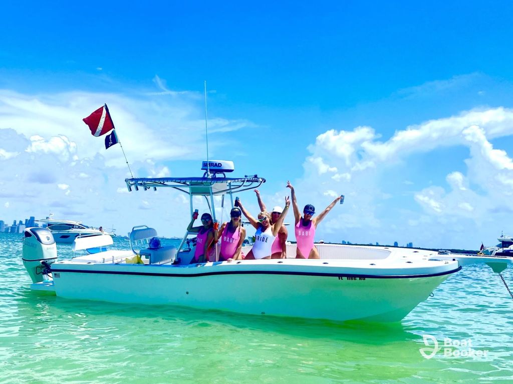 Passengers enjoying a center console boat charter day trip in Miami