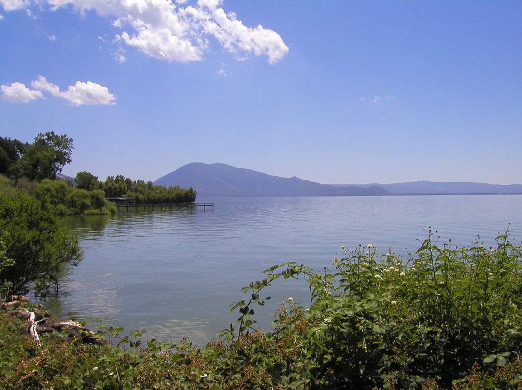 A calm lake with clear water, green bushes in the front, a sky that's partly cloudy, and mountains far off.
