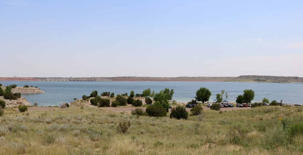 Lake Pueblo State Park panorama with desert hills and blue water