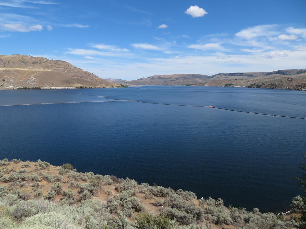 There's a large blue lake with hills behind it under a partly cloudy sky, seen from a grassy, shrub-filled shore—it's one of the best boating lakes in Washington State.