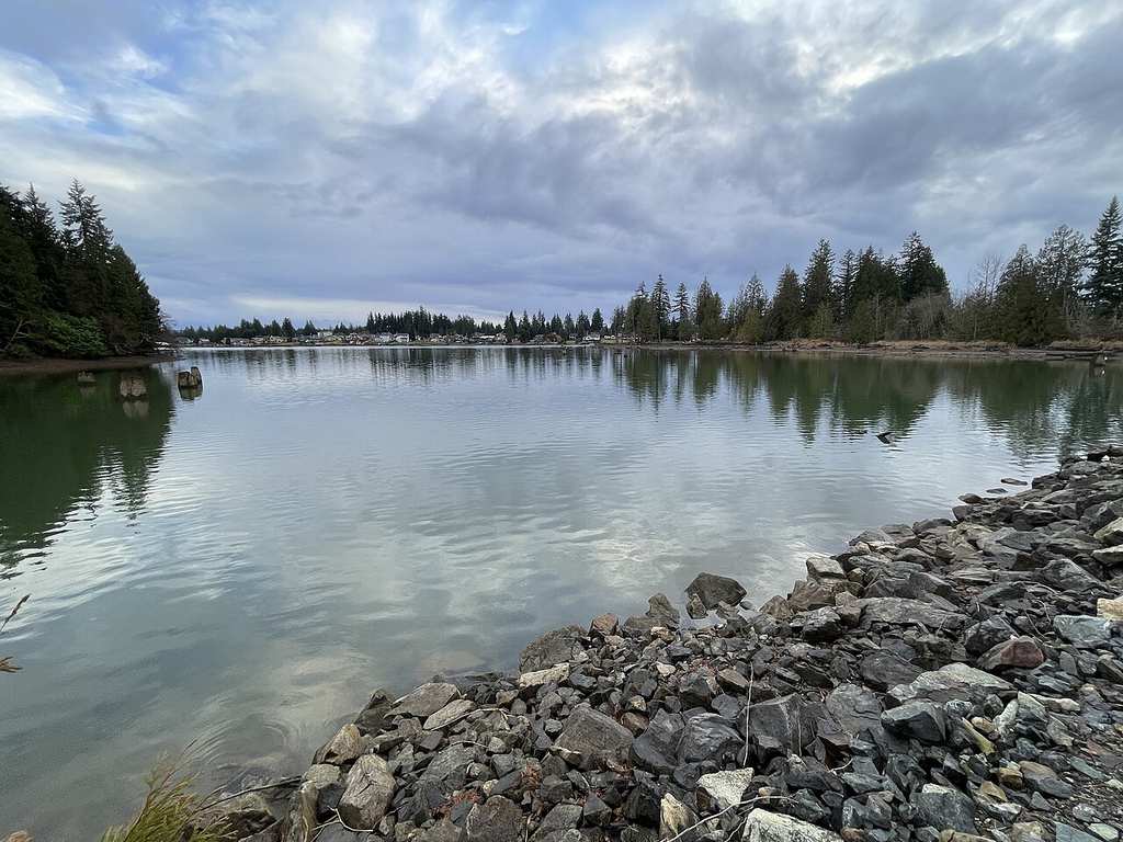 Rocky shoreline by a calm lake—one of Washington State's top boating lakes—surrounded by evergreen trees beneath a cloudy sky.
