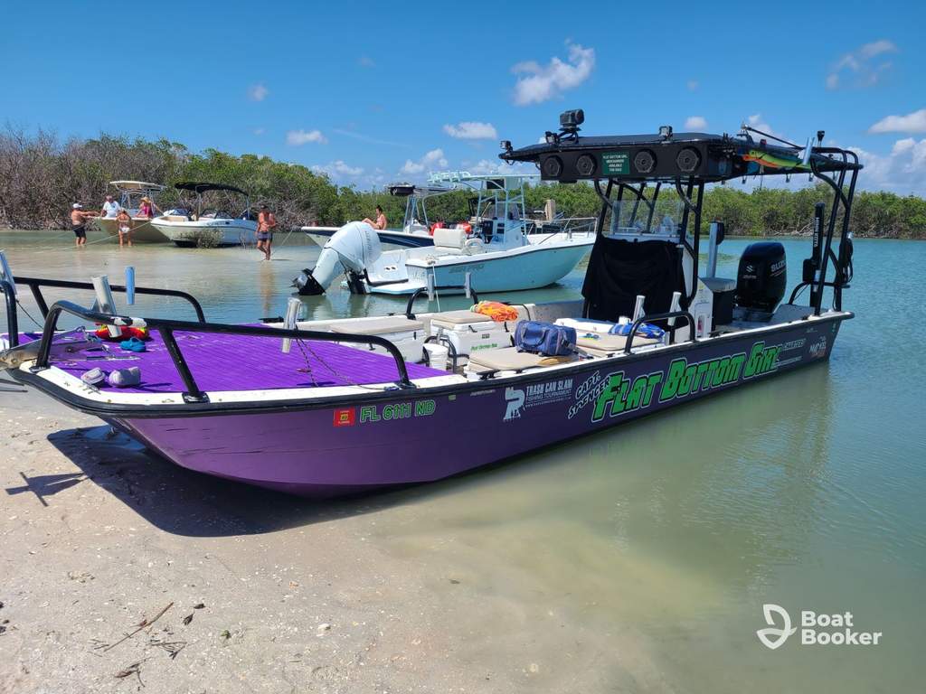 A purple flat-bottom boat's docked in shallow water by a beach, with other boats and people nearby under a clear blue sky.