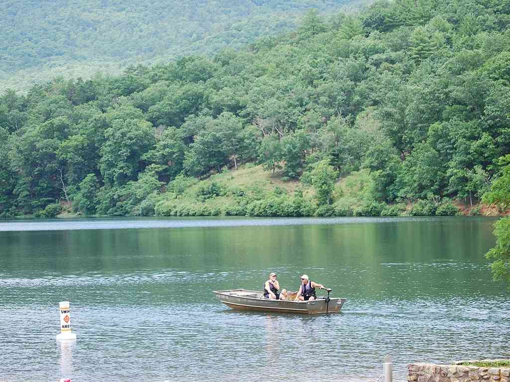 Two people sit in a small motorboat on a calm lake surrounded by dense, green trees and hills.