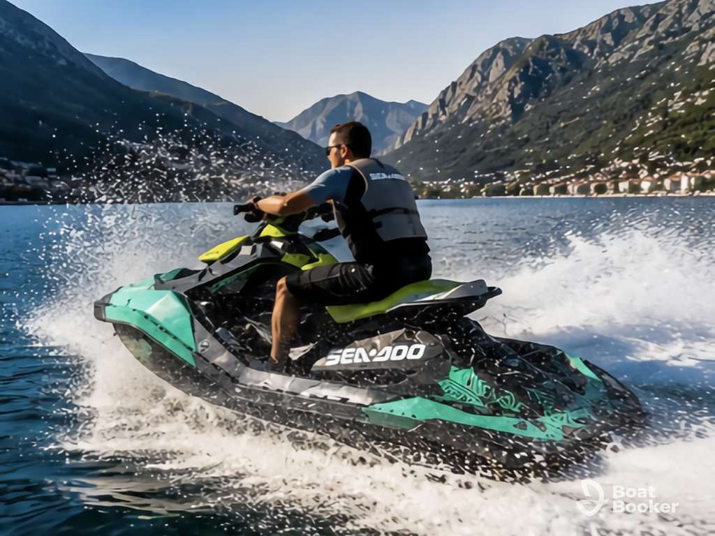 Someone’s riding a Sea-Doo jet ski on a lake, with mountains and waterfront buildings around on a sunny day.