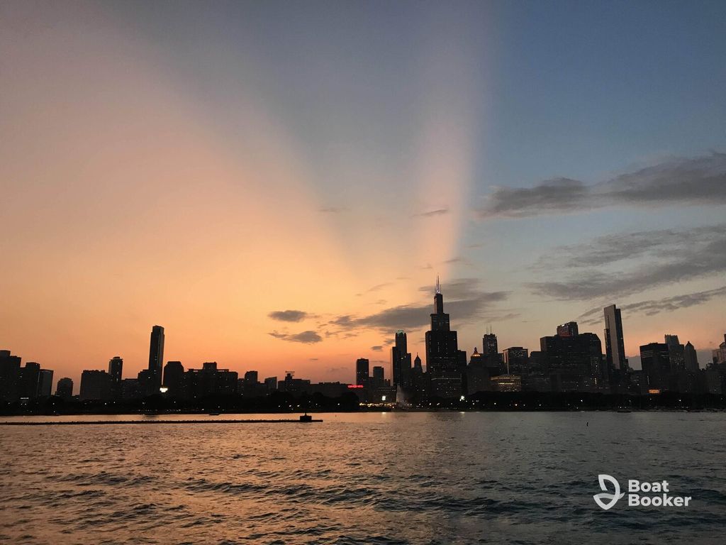 Sailboat under way on Lake Michigan with the city in the background