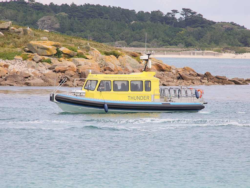 A yellow and blue boat named “Thunder” is cruising on calm water by a rocky shore, with trees and sand behind it.