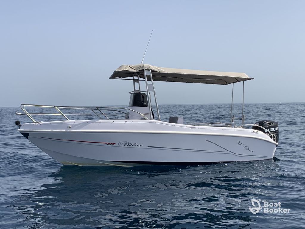 A white runabout boat with a canopy’s floating on calm blue water under a clear sky. The outboard motor’s visible at the stern.