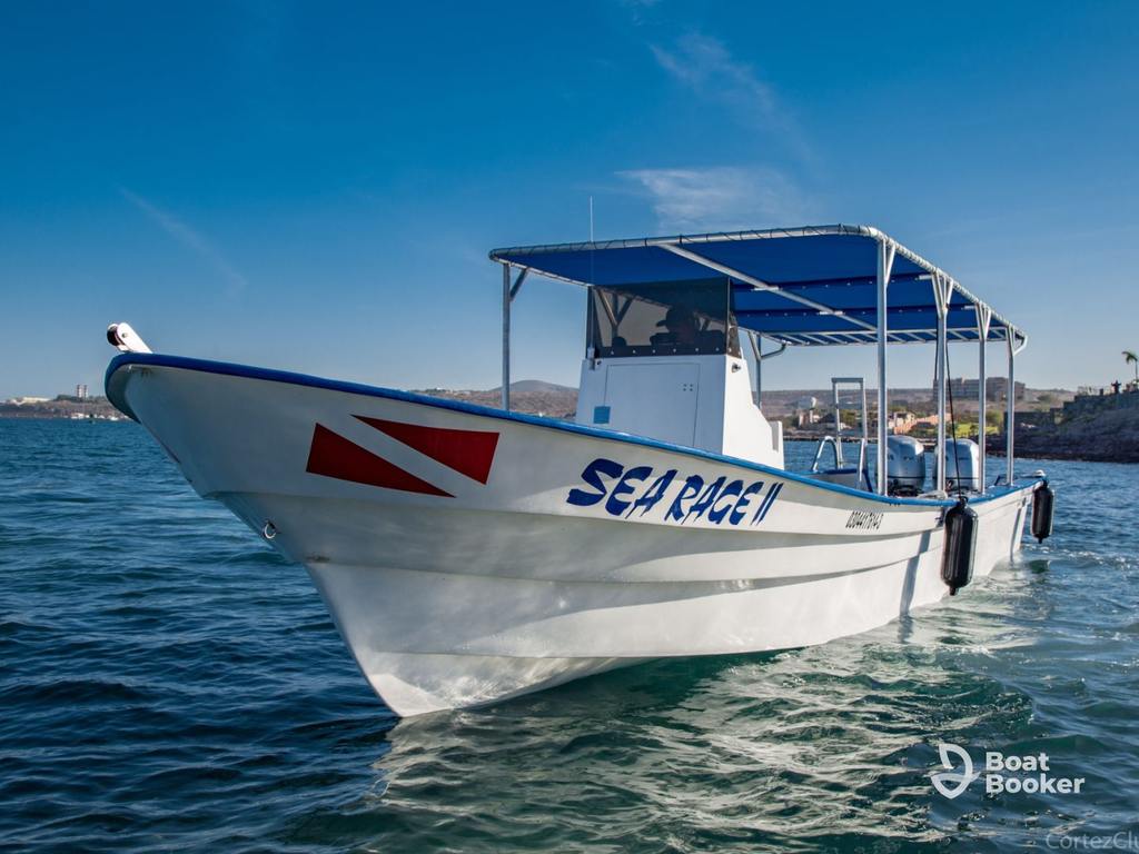 A white panga boat called “Sea Page I” with a blue canopy’s floating on calm water near the shore under a clear sky.
