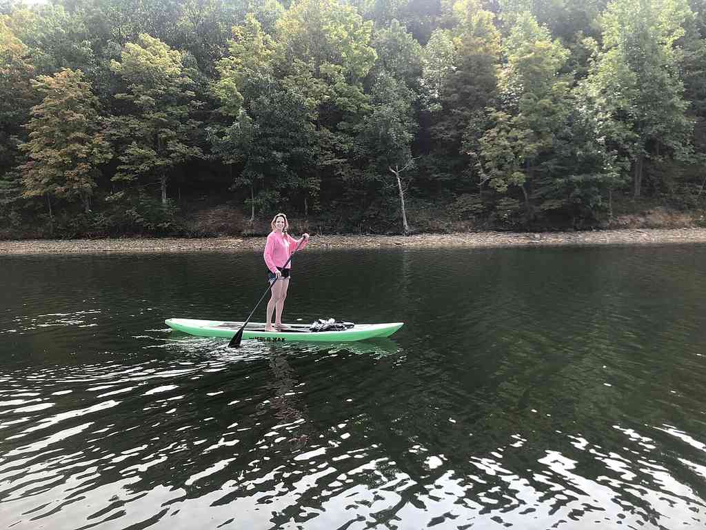 Someone in a pink shirt’s standing on a paddleboard in calm water, with dense green forest along the shoreline under daylight. No FISH are visible.