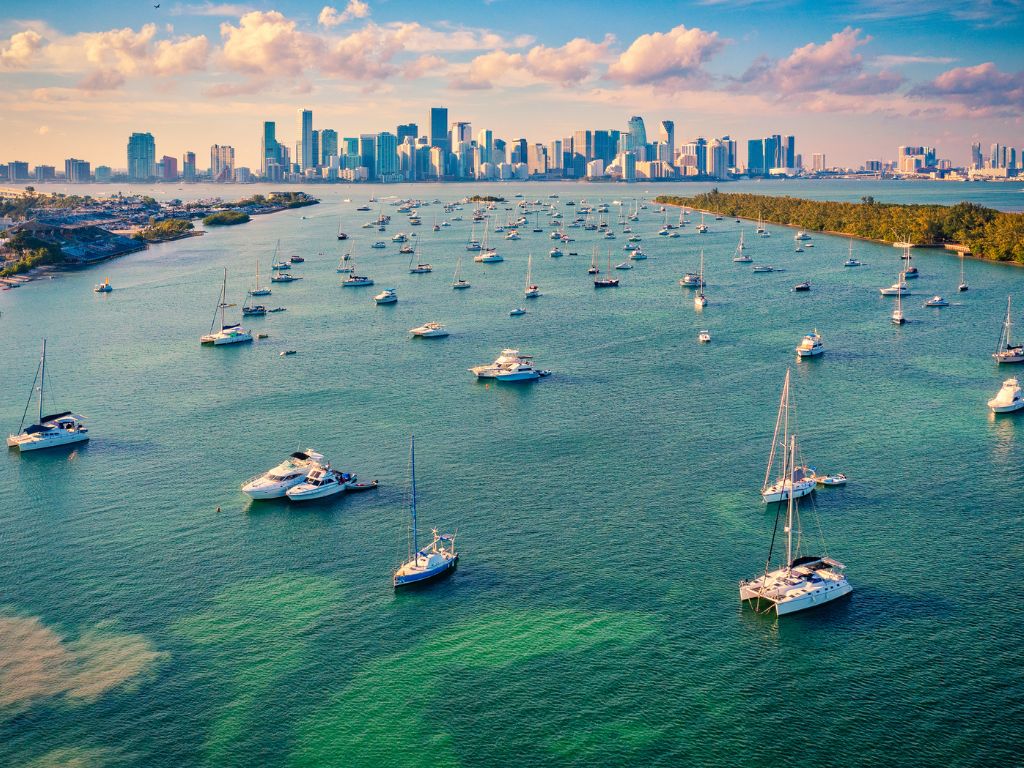 Lots of sailboats and yachts float in a bay, showing why this city’s among the top boating states, with tall buildings under a partly cloudy sky.